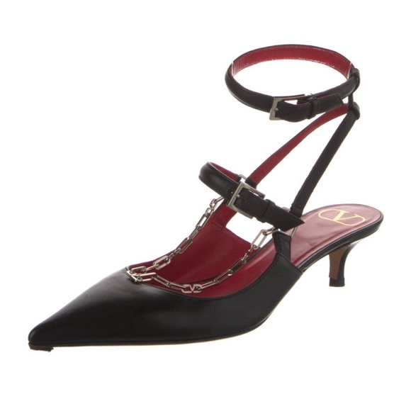 Valentino Black Pointed-Toe Ankle-Strap Kitten Heel Pumps with Red Insole - Picture 2 of 7